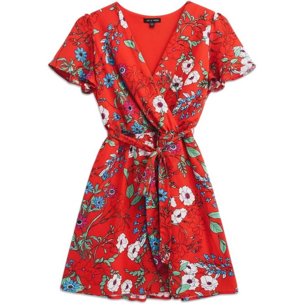 As U Wish Faux Wrap Dress Womens Medium Red Floral Short Flutter Sleeve Mini